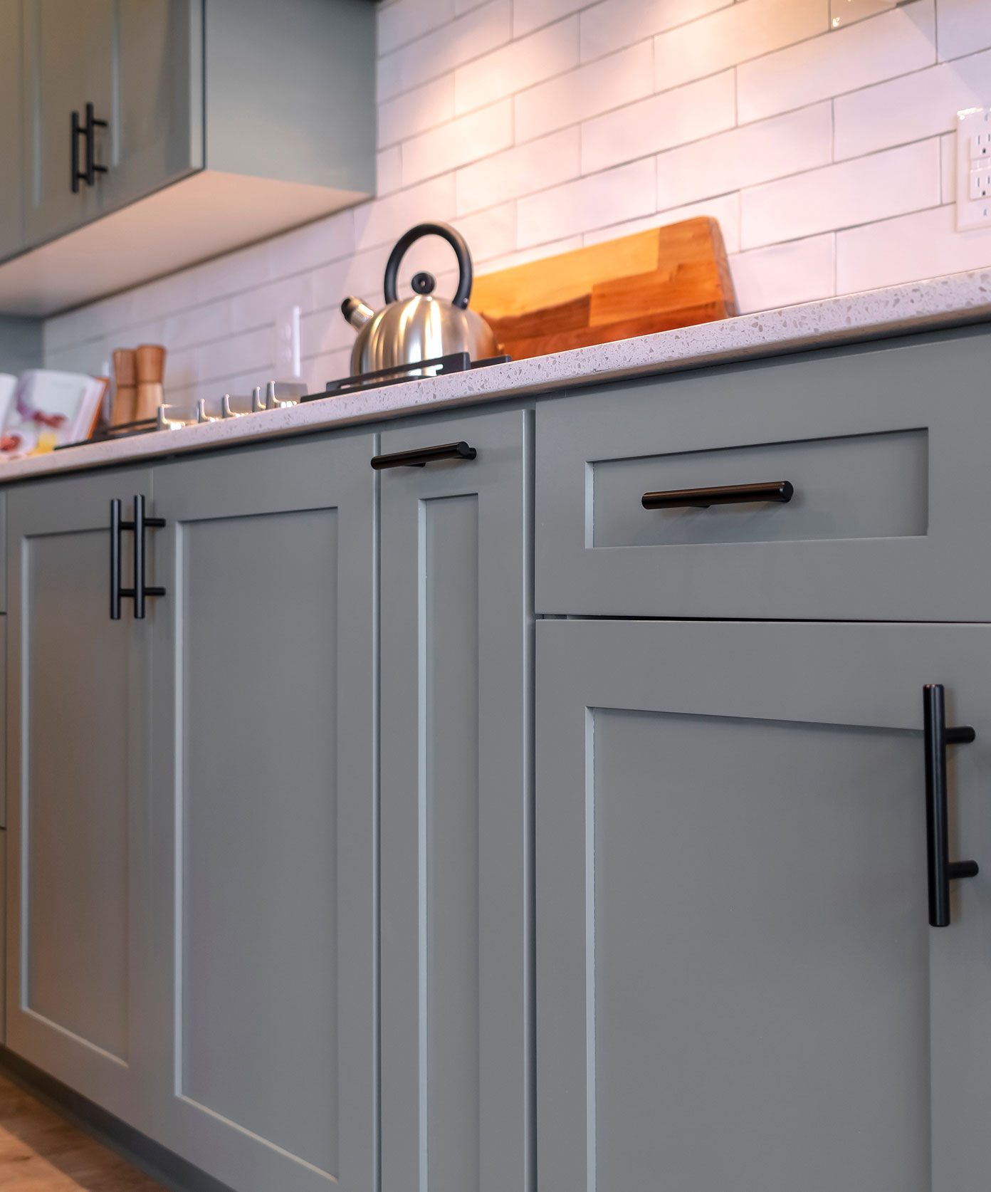 close-up of kitchen cabinets refacing